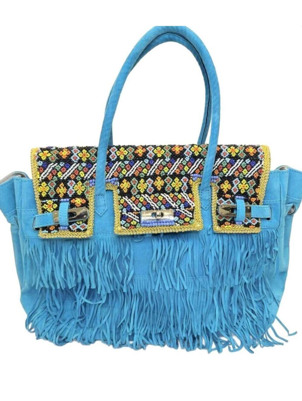 Larettamia Italian Designer Blue Suede Beaded Fringe Handbag Tote Ethnic Boho